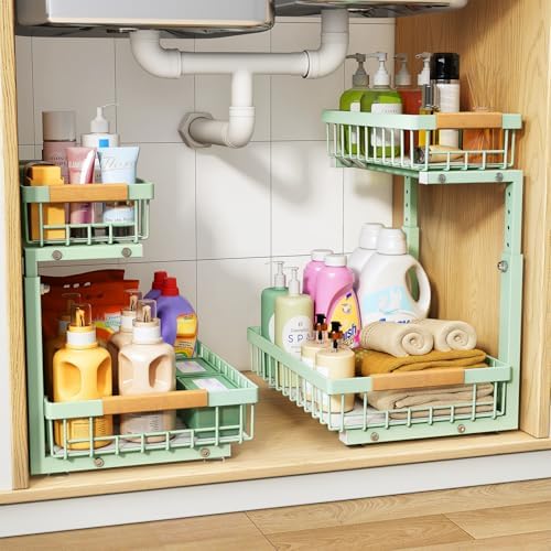 PXRACK Under Sink Organizer, Adjustable Height, 2 Tier Pull Out Under Cabinet Organizer, Slide Out Thickened Metal Under Sink Storage for Kitchen Bathroom Laundry Pantry Cabinet, Green, Large-2-Pack by PXRACK