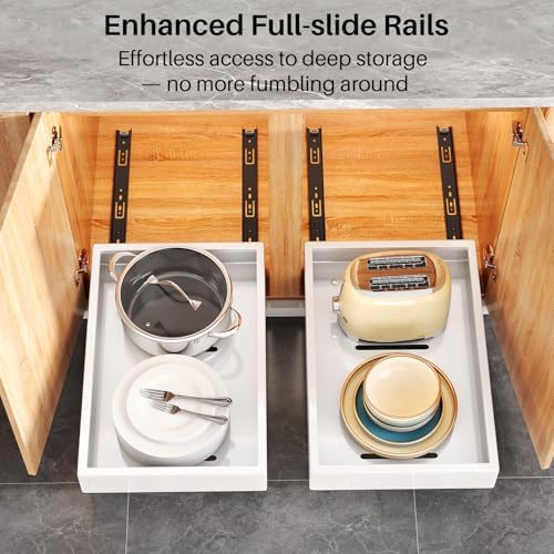 Pull out Cabinet Organizer,21"Deep, 20"Wide Heavy Duty Full-Extension Slide out Drawers Fixed with Nano Adhesive,Roll Out Shelves Sliding Cabinet for Kitchen,Bathroom,Pantry,under sink Storage(White) - Image 4