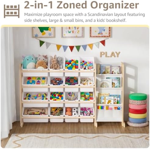 NUTIKAS Toy Storage Organizer with Bookshelf - Wooden 16 Bins Kids Toy Organizer Rack, Solid Pine Wood, Toys Box for Toddler, Playroom, Living Room, Bedroom, Nursery - Image 5