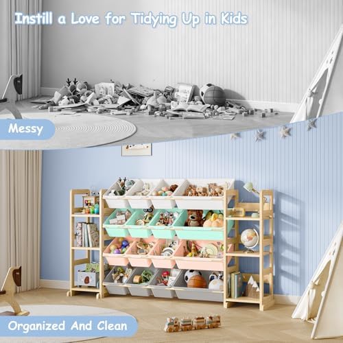 EXPERLAM Extra Large Toy Storage - Toy Storage Organizer, Wooden Toy Organizer with 6 Side Shelves and 16 Bins, 3-in-1 Bookshelf for Kids Rooms, Playroom, Nursery, Multi - Image 5