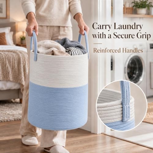 JMvicyroam 80L Cotton Rope Laundry Basket Hamper, White and Blue - Image 3