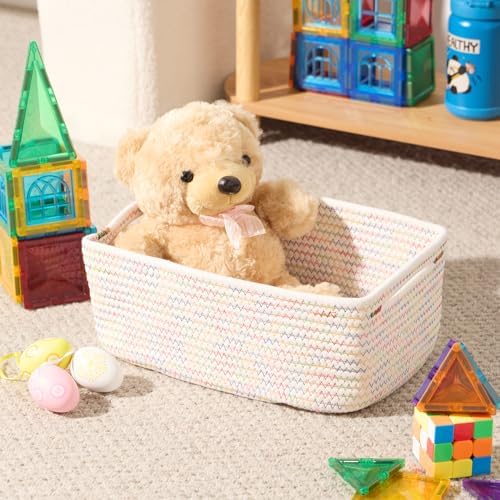 MiniArk Small Storage Baskets for Organizing | Closet Organizer Bins | Shelf Toy Basket | Woven Rope Baskets | Cube Decorative Box | Shallow Basket | 13x8.5x5.1” | 3 Packs Rainbow - Image 4