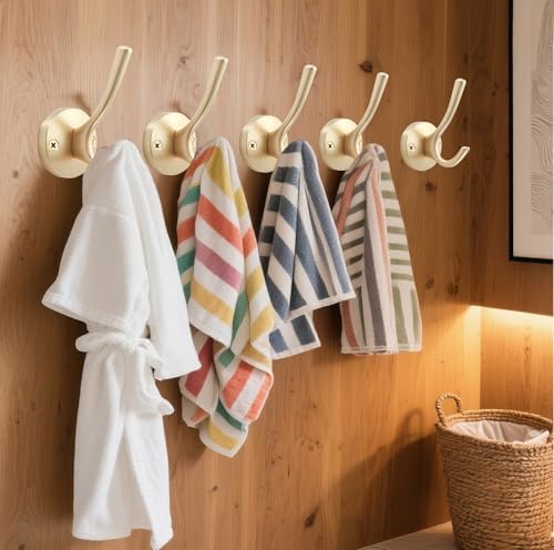 TOFIIGREM Gold Wall Hooks, 5 Pack Coat Robe Hook Heavy Duty Metal Double Bath Hook Wall Mounted, Hand Towel Hooks for Cubicle Bathroom Kitchen Closet Garage - Image 3