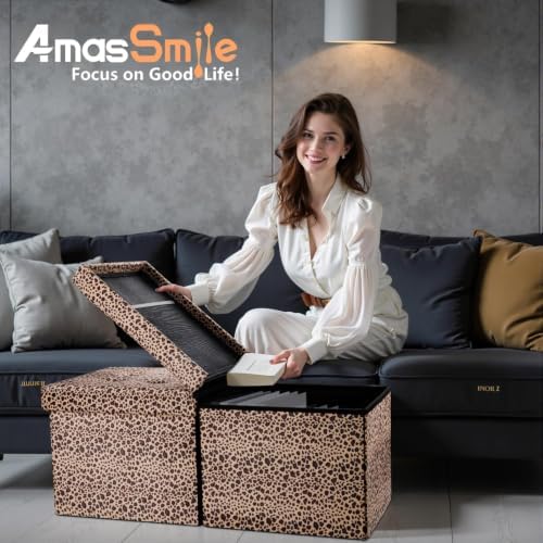 AmasSmile Footrest Ottoman Storage Bench, 34" Velvet Folding Chest,Leopard - Image 4