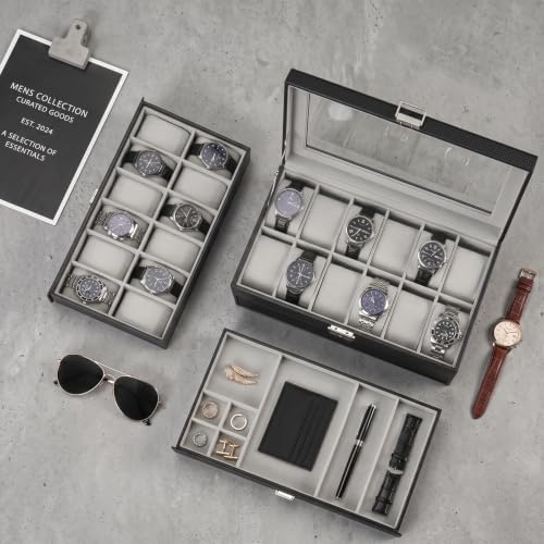 ProCase 3-Layer Watch Box with Glass Lid for Men, 24-Slot, Black - Image 4