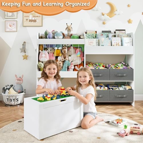 51.1" W Large Toy Storage Organizer with Stuffed Animal Storage, Kids Bookshelf with 4 Removable Toy Bins, Movable Toy Box with Buildable Baseplate Lid for Bricks, Ideal for Kids Room Playroom Bedroom - Image 4