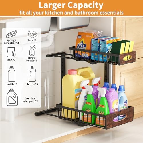 2-Tier Under Sink Organizer with Wooden Drawer Handle, 2 Pack Adjustable Height Pull Out Cabinet Organizer Shelf,Slide out Storage Drawer Rack for Kitchen Bathroom Laundry Room Pantry - Image 2
