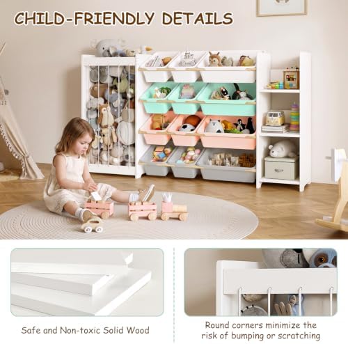 EXPERLAM 3-in-1 Toy Storage Organizer, White Solid Wood, Colorful Bins - Image 3