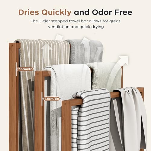 Standing Towel Rack for Bathroom, 39.4''H Bamboo Blanket Racks with Shelf - Image 3