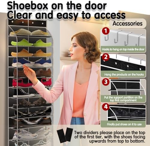 Kotkn Over The Door Shoe Organizer with 12 Large Breathable Pockets - Durable Hanging Storage for the Entire Family's Shoes (Black) - Image 5