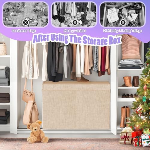 Large Toy Storage Box with Lid, Dividers, Collapsible Kids Toy Chest, Beige - Image 4