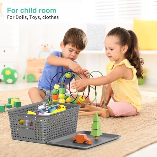 8 Pack Plastic Storage Baskets,Grey Stackable Bins with Lid - Image 4