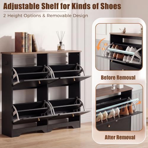 Nicetree 4 Flip‑Drawer Shoe Cabinet,Walnut Top,9.5" Deep,Light Black - Image 6