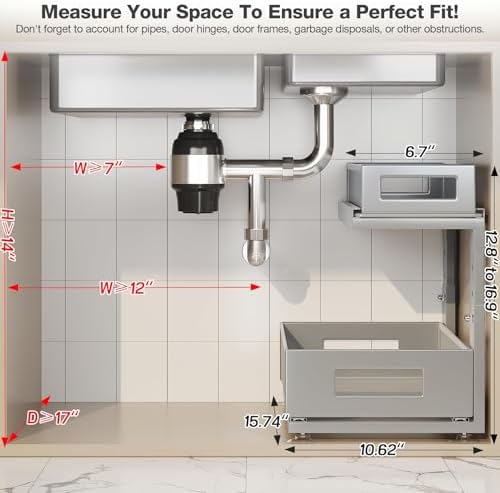 2 Pack 15.74IN-Depth Under Sink Organizer With Next-Gen Ball-Bearing Slides,2-Tier Pull Out Cabinet Storage,Height Adjustable Drawer Shelf for Bathroom,Kitchen,Laundry,Cabinet,Pantry-Gun Gray - Image 2