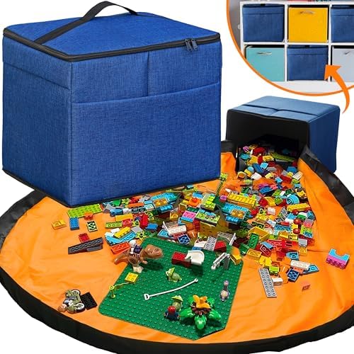 XL Toy Storage Organizer with Play Mat - Storage Bag/Box for Kids, Boys, Girls, Nursery, Playroom - Basket for Building Bricks/Blocks - Collapsible Fabric Cube Bin, 13"x13"x15" by Starsiko