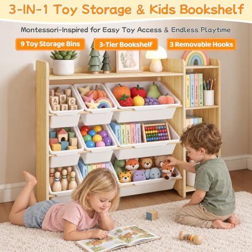 GITAWUSA Kids Toy Storage Organizer, Wooden Shelf with 3 Tiers and 9 Storage Bins, Nursery Room Organizer for Books and Toys, White and Natural Wood - Image 3