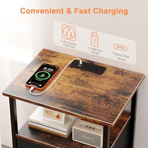 Nightstand with Charging Station, Bedside End Table with 2 Fabric Drawers for Bedroom, Side Table with USB Ports and Outlets (Brown Black) - Image 3