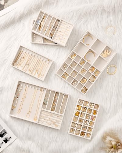Lolalet Jewelry Drawer Organizer Inserts, Stackable Velvet Tray Jewelry Storage Organizers Set Display Cases for Necklaces Bracelets Earrings Rings Chains Bangles Watches, Beige, Set of 2 - Image 5