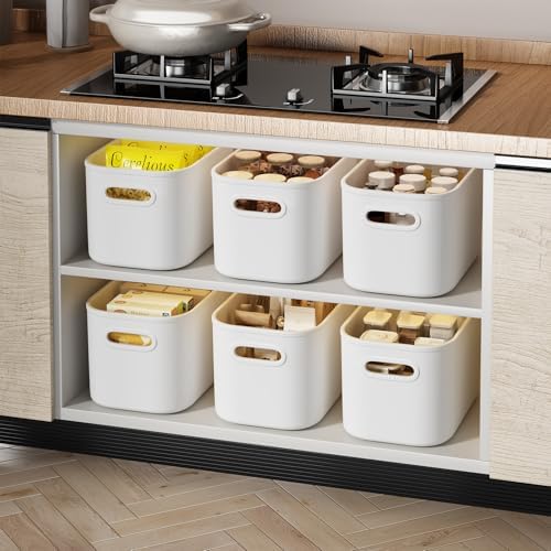 ORGIDOL 12 Pack White Plastic Storage Bins, Storage Container for Organizing, Storage Boxes with Handle for Shelves, Cute Organizer Bins for Craft, Snacks, Pantry, Cabinet, 9.69x6.7x5.7 inch - Image 2