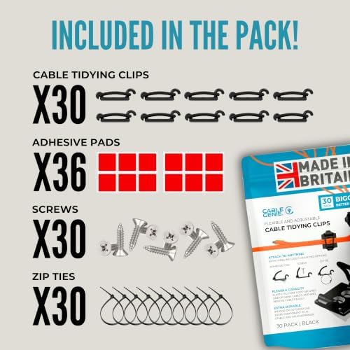 [Made in the UK] 30-Pack Adjustable Elastic Self-Adhesive Cable Tidy Clips, Cable Management Organiser for Office, Home, Under Desk, Behind TV, Charging Phone, Laptop, PC, HDMI, USB (BLACK) - Image 7