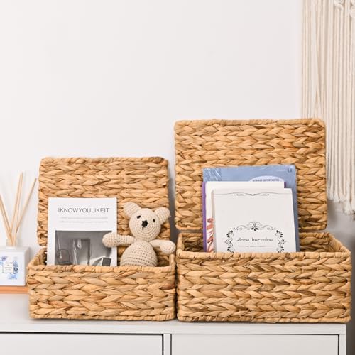 Wicker Storage Baskets, Hand-Woven Rectangular Wicker Basket with Lid for Bedroom & Living Room, Nesting Rattan Basket for Shelves (Water Hyacinth, 3-Pack) - Image 4