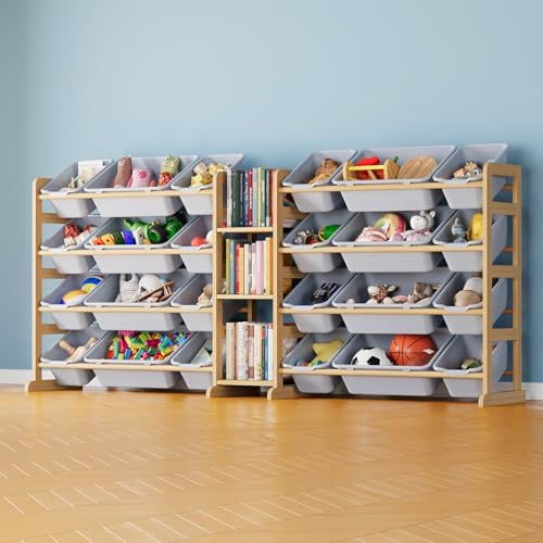 SpaceAid Large Toy Storage Organizer with 24 Bins and 3 Shelves, Toy Organizers Storage Bookshelf, Kids Bin Shelf Box Bookcase for Bedroom Playroom Organization Room Decor, Neutral Gray by SpaceAid