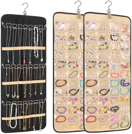 2 Pack Double Sided Hanging Jewelry Organizer for Closet with 48 Pockets & 30 Necklace Hooks, Premium Hanging Jewelry Storage for Earrings, Rings, Bracelets Display (Black) by HOFURME