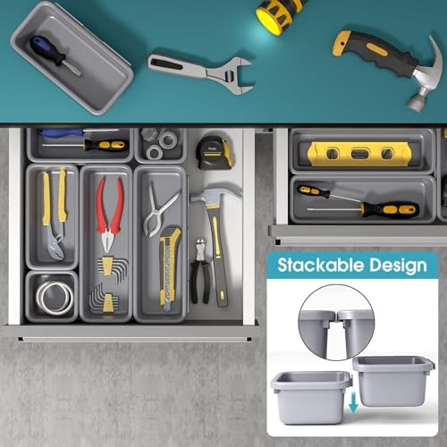 6 PCS Drawer Organizer Set, 3 Size Makeup Drawer Divider Organizer With Non-Slip Pads, Interlocking Plastic Storage Bins for Office,Jewelry Vanity,Gadgets, Bathroom,Kitchen, Grey - Image 5