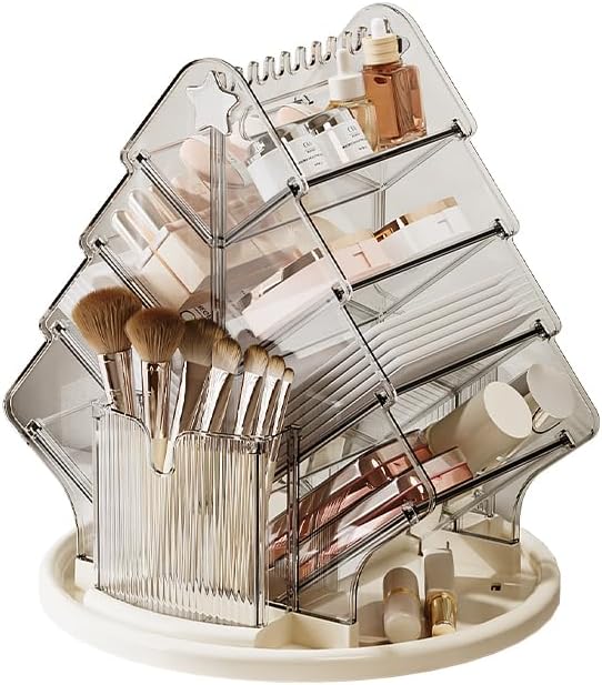 Rotating Makeup Organizer for Countertop, Large Clear Acrylic Cosmetic Caddy with Carry Handle & Necklace Hooks, 10 Tilted Compartments and 2 Brush Holders for Lipsticks, Skincare by Unknown