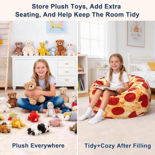 Lukeight Pizza Stuffed Animal Storage Bean Bag Chair Cover for Teens, Velvet Plush Toy Organizer Seat, Cover Only, No Filling Included, Long YKK Zipper, Side Pocket, XX-Large 36"D x 20"H - Image 3