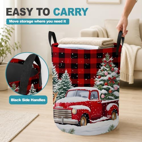 Christmas Red Truck Collapsible Laundry Hamper,Winter Deer Waterproof Oxford Cloth Clothes Basket with Handles for Bathroom Bedroom Nursery Dorm Room,16" x 20" - Image 5