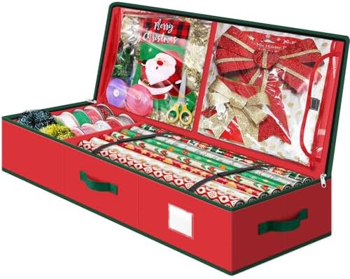 Fabspace Christmas Wrapping Paper Storage Containers, 40 Inch Gift Wrap Organizer, Visible Supplies Pockets for Xmas Accessories, Underbed Storage for Christmas Decorations, Red by Fabspace