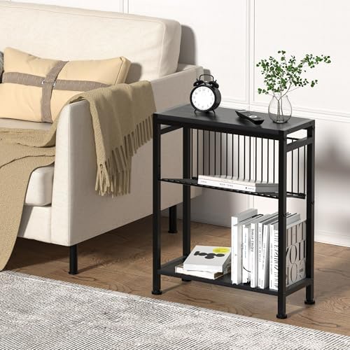 Side Table for Small Spaces, Set of 2 Narrow End Table with Magazine Holder, 2 in 1 Design Slim Side Table, Skinny Nightstand for Living Room Bedroom, Thin Side Magazine Table, Black - Image 2