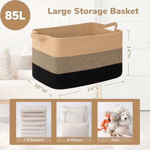 Goodpick 85L Large Woven Blanket Basket, Rectangle, Black Jute - Image 3