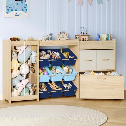 EXPERLAM 5-in-1 Toy Organizer, Plush Holder, 9 Blue Bins, Toy Chest by EXPERLAM