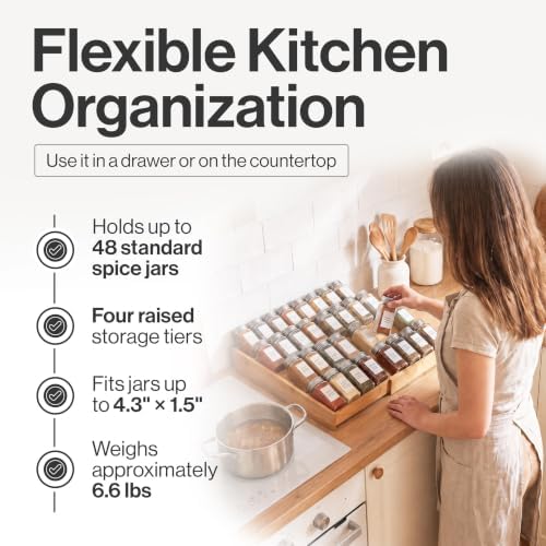 Bamboo Spice Drawer Organizer, Expandable 12 to 23 Inch Insert Holds 48 Jars, 4 Tier Seasoning Rack for Kitchen Drawer or Countertop, Adjustable Wood Spice Organizer - Image 4