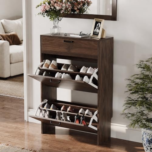 VINGLI Shoe Cabinet Storage for Entryway,Walnut Narrow Wood Shoe Rack,25" W - Image 4