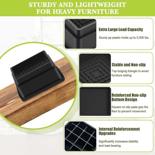 4 Pack Furniture Risers 3 Inch, Adjustable Bed Risers Heavy Duty for Table Desk Couch Chair Sofa Cabinet Bed Frame Dorm, Square Stackable Table Leg Risers Lift Height 1", 2” or 3", Black - Image 4