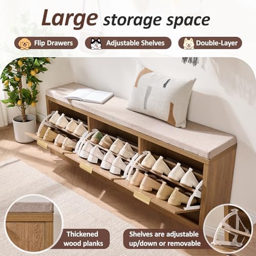 Rattan Narrow Entryway Bench with Shoe Storage, 3 Flip Drawers & Coat Rack, Mid-Century Modern Wood Shoe Cabinet with Seat Cushion for Foyer/Hallway (Rustic Oak Rattan) - Image 7