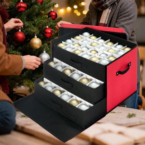 JY COOKMENT Christmas Ornament Storage Box with Adjustable Dividers, Large Holiday Ornaments Storage Container Bin with Lid for Xmas Decorations (72-3" Balls, Red, With Removable Tray) - Image 4