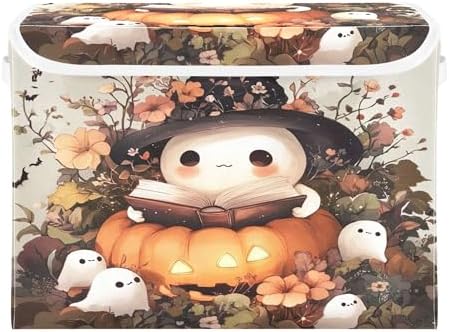 Ghost Wearing Witch Hat Storage Bins with Lids and Carrying Handle,Foldable Storage Boxes Organizer Containers Baskets Cube with Cover for Home Bedroom Closet Office by LLCxigua