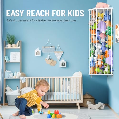 Corner Stuffed Animal Storage Shelf Sleek White - Adjustable Height (44"-71") | Durable Hanging Stuffed Animal Toy Plush Organizer for Modern Nursery, Kids' Bedroom & Playroom - Image 3