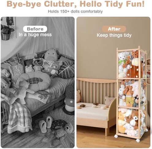 Stuffed Animal Storage, Wood Stuffed Animal Zoo Storage with Brake Wheels, Space Save Toy Organizer, Large Capacity Stuffed Animal Holder, Perfect for Nursery Playroom Kidroom Bedroom-54.3 Inch - Image 5