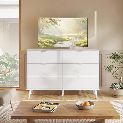 6-Drawer Moden TV Stand, White Tall TV Console Fits Up to 55" TV - Image 2