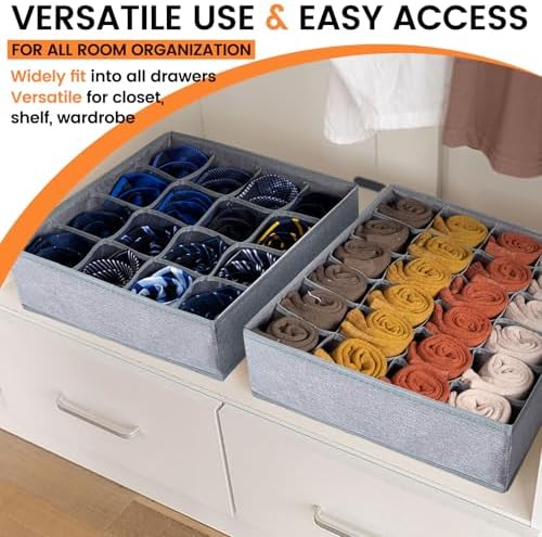 Criusia 3 Pack Sock Underwear Drawer Organizer Dividers, 64 Cell Fabric Foldable Dresser Organizer for Closet Organizers and Storage Boxes for Organizing Socks, Underwear, Ties (16+24+24 Cell, Gray) - Image 6
