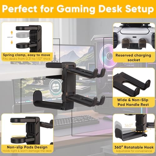 3 in 1 Under Desk Headphone Hanger with Adjustable Clamp Mount, 2 Controller Slots & 1 Headset Universal Holder Stand, Rotatable Hook Rack & Cable Organizer, for Home Gaming Xbox ps5 - Black - Image 3