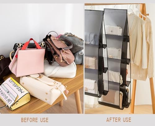 MURRI&MURRDI Hanging Handbag Organizer for Closet, Purse Storage Holder with 8 Clear Mesh Pockets, Space Saving Purse Hanger for Wardrobe, Black - Image 6