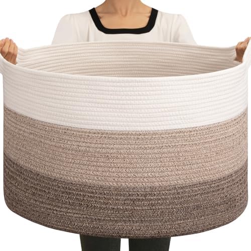 OIAHOMY 90L Extra Large Blanket Basket - Decorative Cotton Rope Storage Basket for Bedroom, Living Room & Nursery - Woven Laundry Hamper for Organizing Blankets, Clothes & Toys - Gradient Brown by MasterofSpaceOptimization