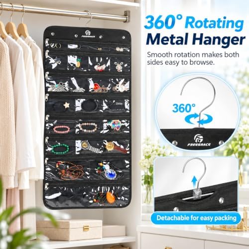 Freegrace Hanging Jewelry Organizer, 25 Zippered Pockets, 23 Necklace Hooks - Image 5