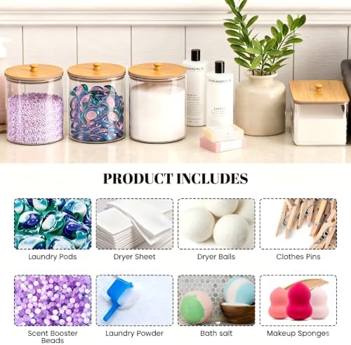 HomePekite Glass Laundry Pods Storage Container & Acrylic Dryer Sheet Holder, Laundry Room Organization and Storage, Detergent Powder Container, with Wooden Lids & Labels, 3+1 Pack - Image 6